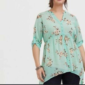 Torrid button down sheer blouse, Size 2, Floral Mint Green, High low hem